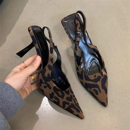 Pointed Toe Leopard Print High Heel Slingback Sandals
