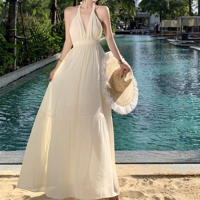 Maxi Plain Dress A-Line V-Neck Halter