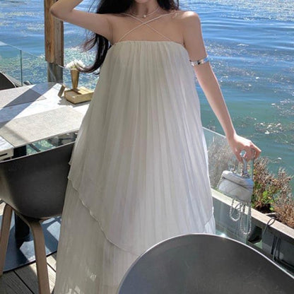 Midi Dress Plain Spaghetti Strap Pleated