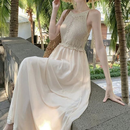 Maxi Panel Strap A-Line Knit Dress Spaghetti Plain