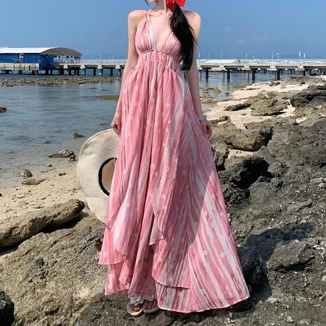 A-Line Strap Patterned Maxi Spaghetti Dress V-Neck
