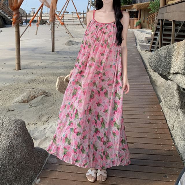 Spaghetti Strap Scoop Neck Floral Maxi A-Line Dress