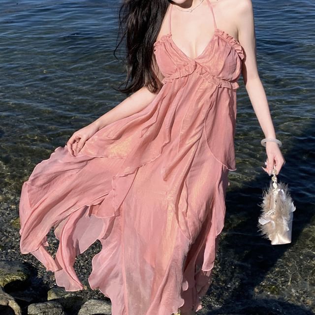 Halter V-Neck Plain Ruffle Trim Maxi A-Line Dress