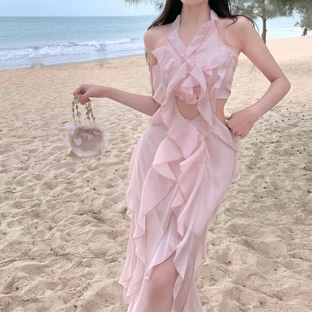 Halter Neck Plain Ruffle Trim Cutout Mini A-Line Dress