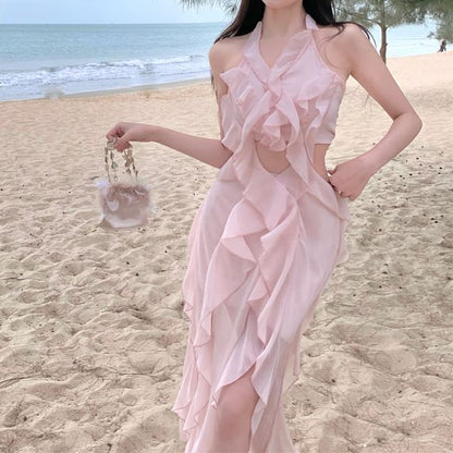 Halter Neck Plain Ruffle Trim Cutout Mini A-Line Dress