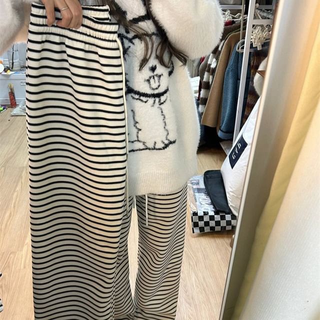 Drawstring Waist Striped Wide Leg Pants