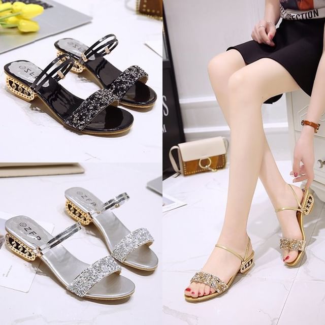 Heel Sequin Sandals Low