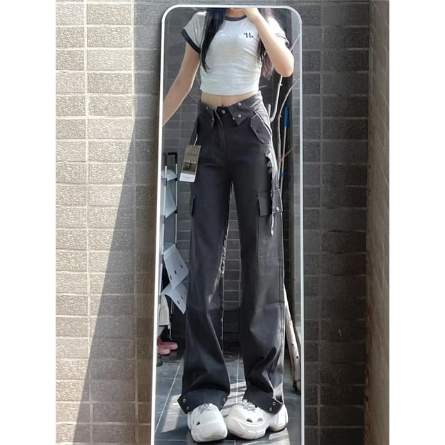 High Waist Plain Wide Leg Cargo Pants