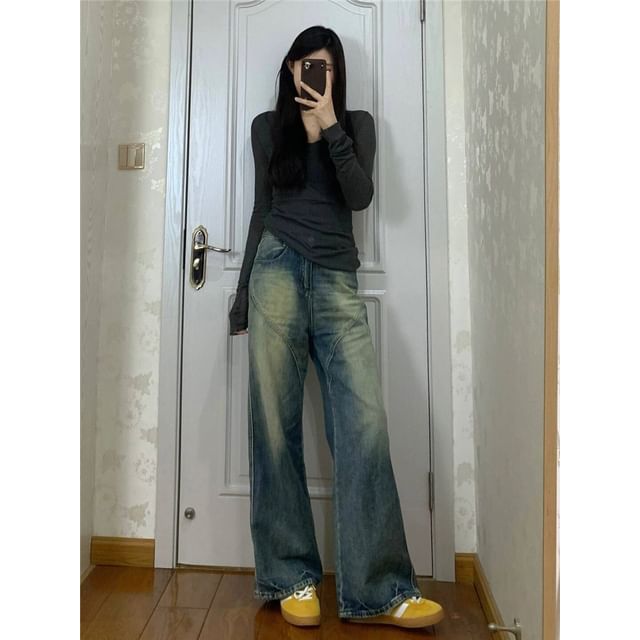 High Waist Washed Wide Leg Jeans (Various Designs)