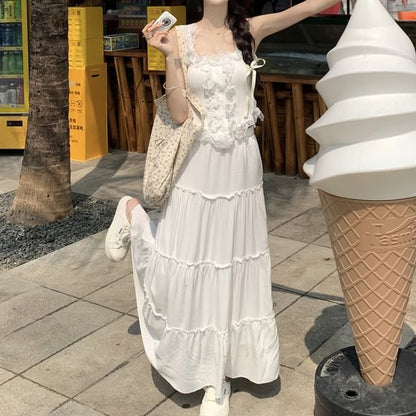 High Rise Plain Maxi A-Line Skirt / Lace Trim Tank Top