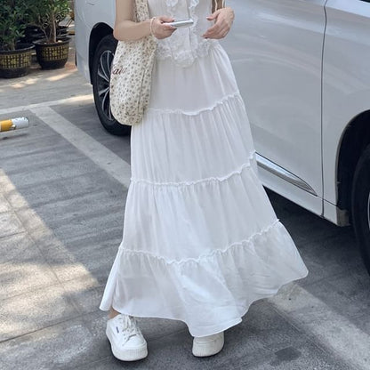 High Rise Plain Maxi A-Line Skirt / Lace Trim Tank Top