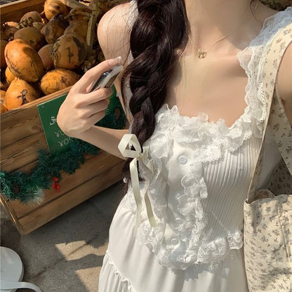 High Rise Plain Maxi A-Line Skirt / Lace Trim Tank Top