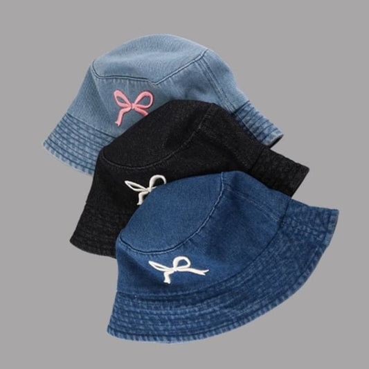 Denim Bucket Embroidered Hat Bow