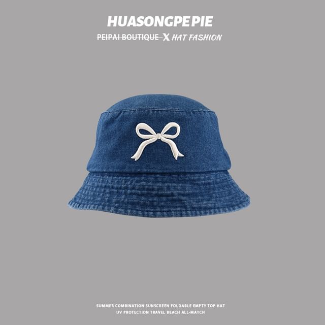 Denim Bucket Embroidered Hat Bow
