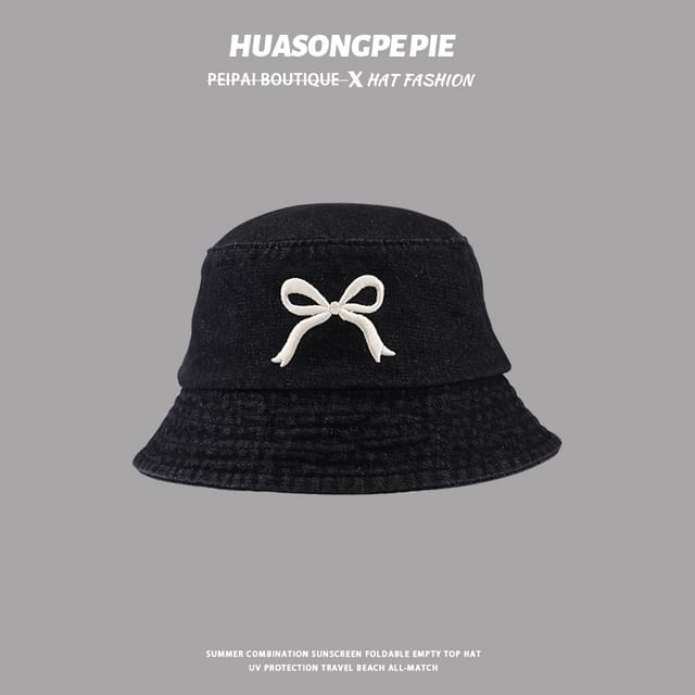 Denim Bucket Embroidered Hat Bow