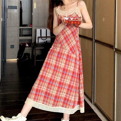 Spaghetti Strap Plaid Lace Trim Midi A-Line Dress