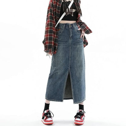 High Rise Slit Washed Denim Midi Pencil Skirt