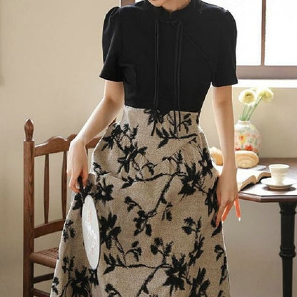 Short-Sleeve Mandarin Collar Floral Panel Midi A-Line Dress
