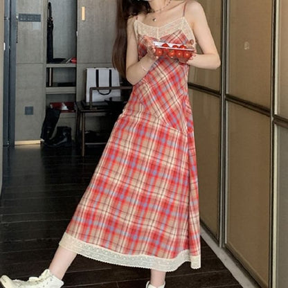 Spaghetti Strap Plaid Lace Trim Midi A-Line Dress
