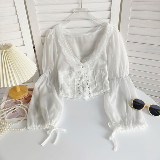 V-Neck Plain Lace Trim Bustier Blouse