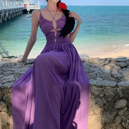 Spaghetti Strap Scoop Neck Plain Maxi A-Line Dress