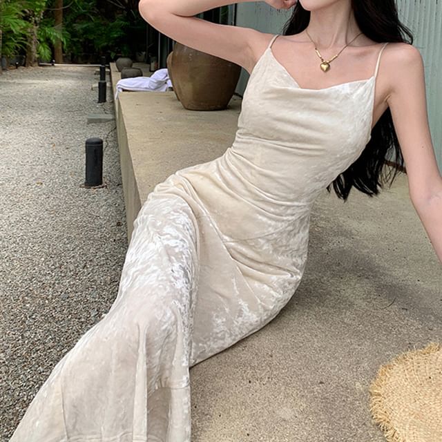 Spaghetti Strap Cowl Neck Plain Maxi Mermaid Dress