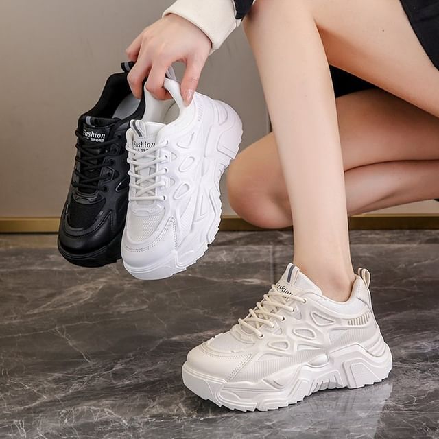 Mesh Panel Lace-Up Platform Sneakers