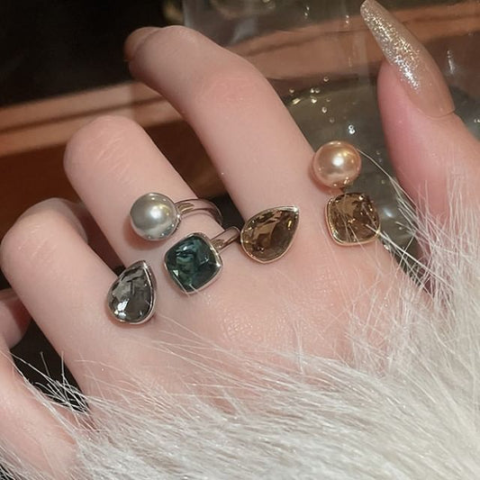 Rhinestone Faux Pearl Layered Open Ring