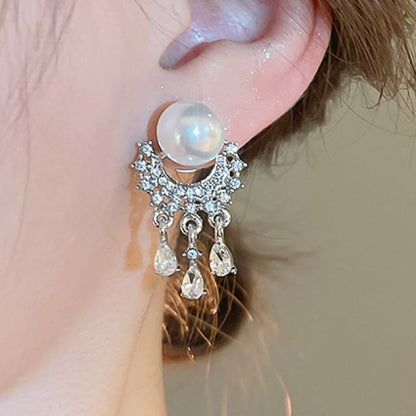 Faux Pearl Rhinestone Fringed Drop Earring