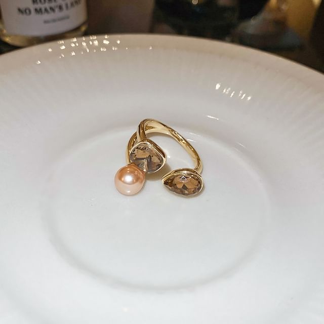 Rhinestone Faux Pearl Layered Open Ring