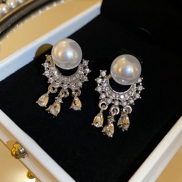 Faux Pearl Rhinestone Fringed Drop Earring