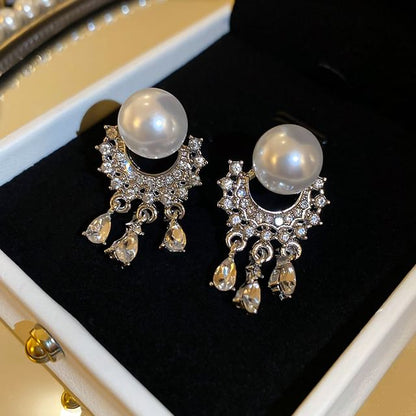 Faux Pearl Rhinestone Fringed Drop Earring
