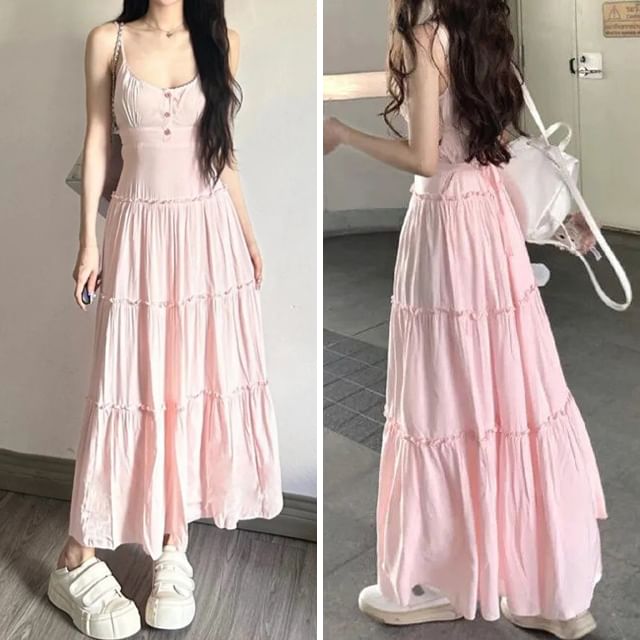 Thin Strap Tiered Button Maxi A-Line Dress