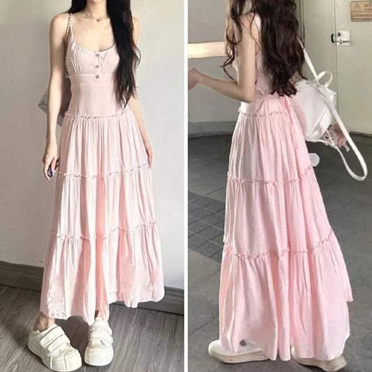 Thin Strap Tiered Button Maxi A-Line Dress