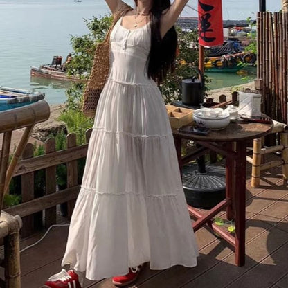 Thin Strap Tiered Button Maxi A-Line Dress