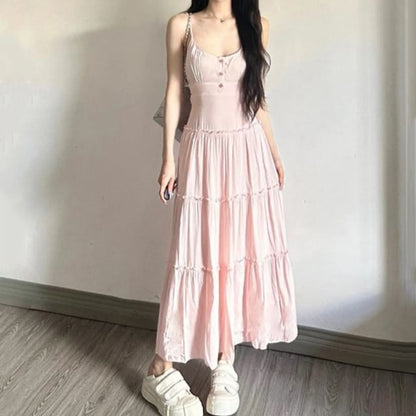 Thin Strap Tiered Button Maxi A-Line Dress