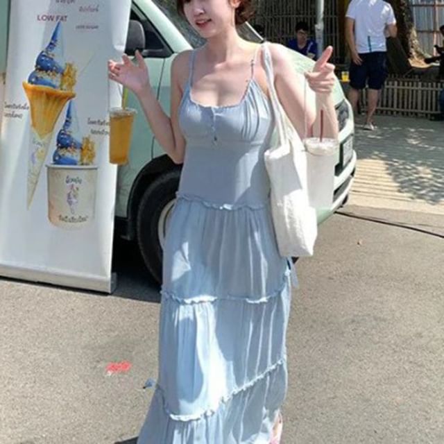 Thin Strap Tiered Button Maxi A-Line Dress