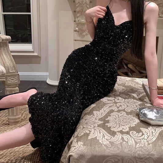 V-Neck Strap Gown Sequin Spaghetti Evening Mermaid