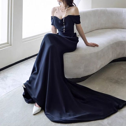 Off-Shoulder Plain Ruched Trained Mermaid Evening Gown