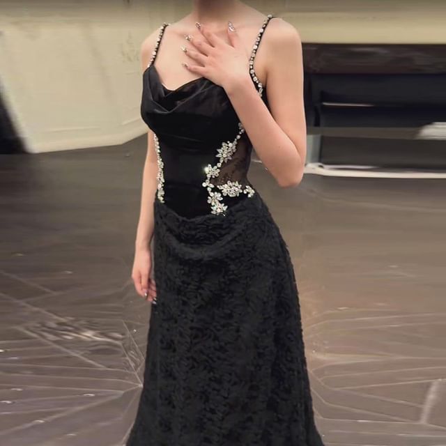 Spaghetti Strap Cowl Neck Lace Panel Rhinestone Accent A-Line Evening Gown
