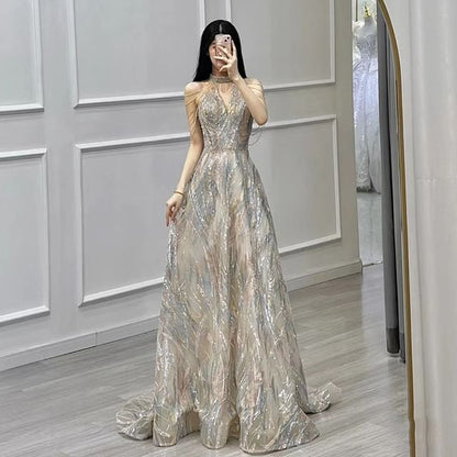 Fringed Halter Evening A-Line Sequin V-Neck Gown Shoulder Cold