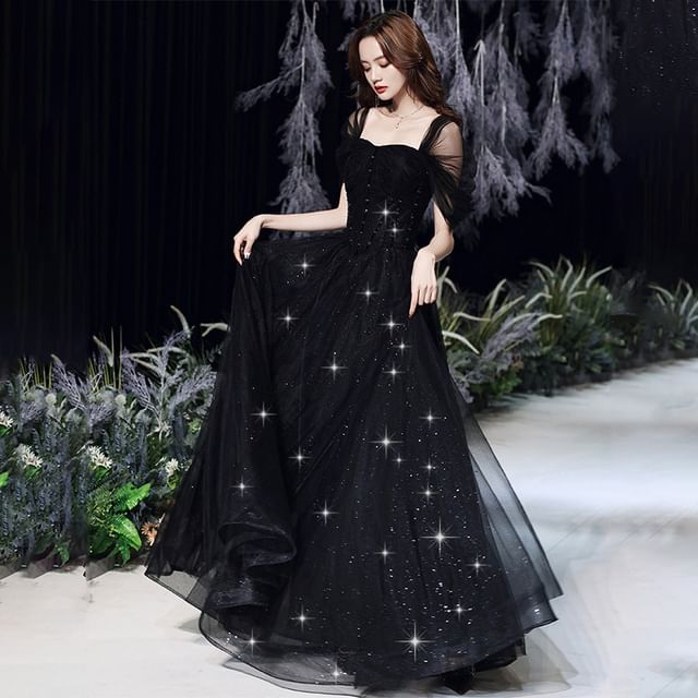 A-Line Glitter Evening Gown Short-Sleeve Square-Neck