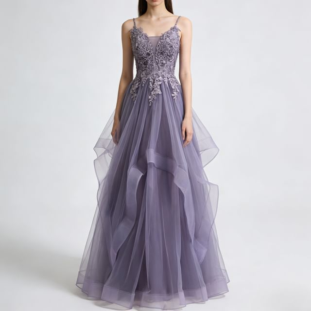 Thin Strap Lace Panel Ruffled A-Line Mesh Evening Gown