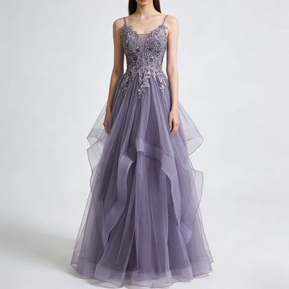 Thin Strap Lace Panel Ruffled A-Line Mesh Evening Gown