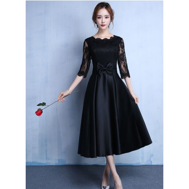 Elbow-Sleeve Lace Panel Bow A-Line Cocktail Dress (Various Designs)