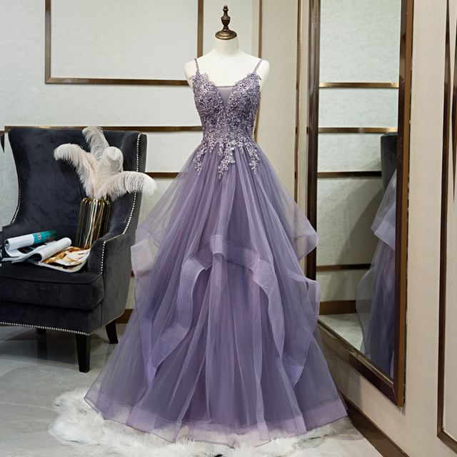 Thin Strap Lace Panel Ruffled A-Line Mesh Evening Gown
