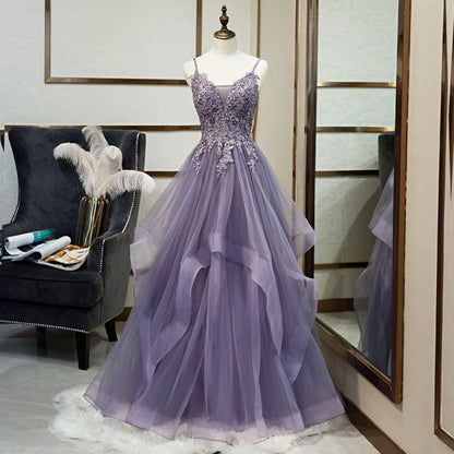 Thin Strap Lace Panel Ruffled A-Line Mesh Evening Gown
