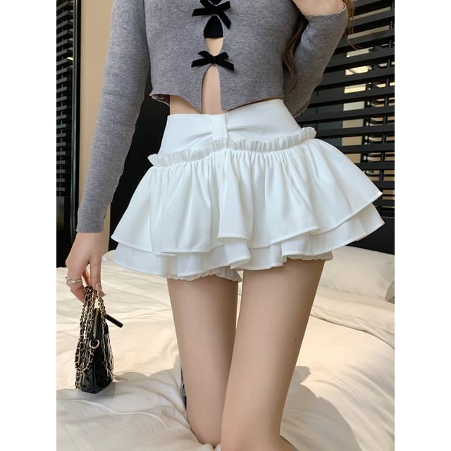 High Waist Plain Ruffle Skort