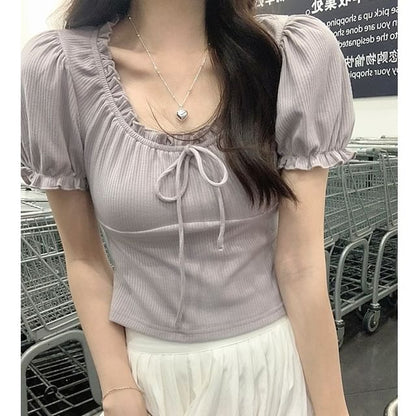 Puff-Sleeve Scoop Neck Plain Bow Tee