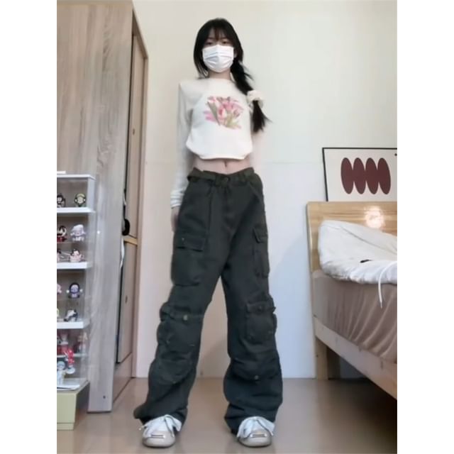 Mid Waist Plain Wide Leg Cargo Pants